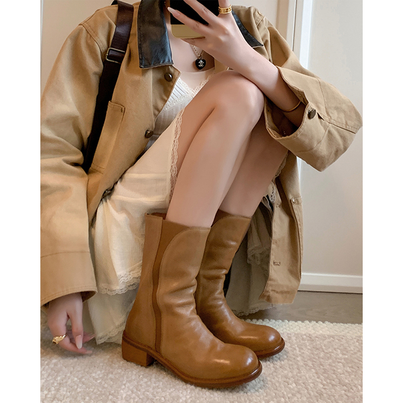 Vintage Khaki Washed Cowhide Genuine Leather Short Boots for Women - Chunky Heel, Round Toe Martin Style for Autumn & Winter Fashion
