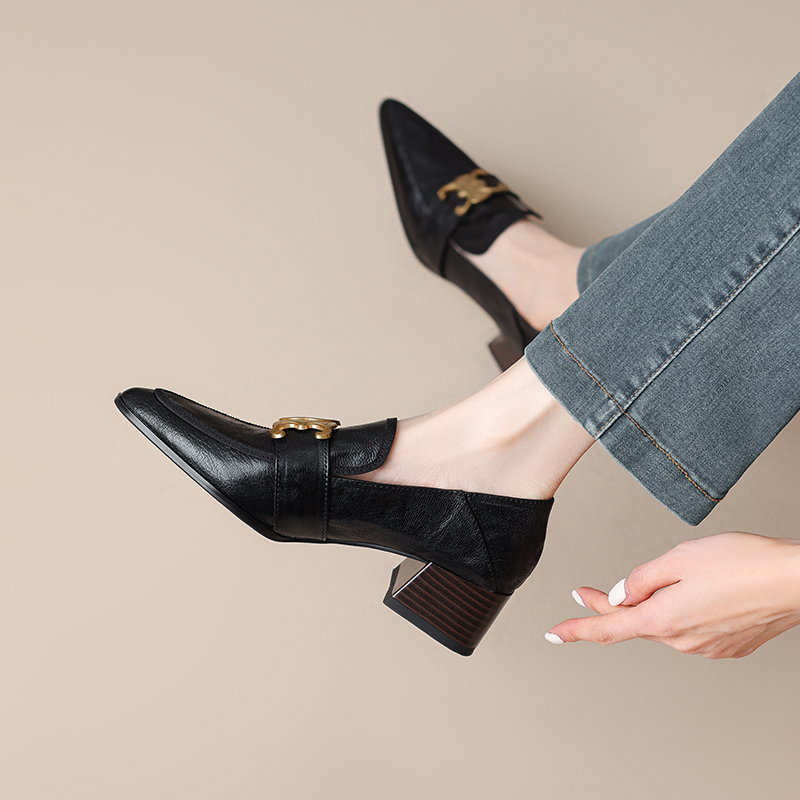 Vintage Leather Chunky Heel Loafers for Women with Gold Buckle - French Style Pointed Toe Mid-Heel Flats Vintage Leather Chunky Heel Loafers for Women with Gold Buckle - French Style Pointed Toe Mid-Heel Flats