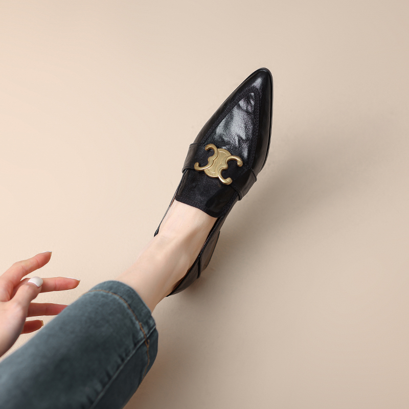 Vintage Leather Chunky Heel Loafers for Women with Gold Buckle - French Style Pointed Toe Mid-Heel Flats