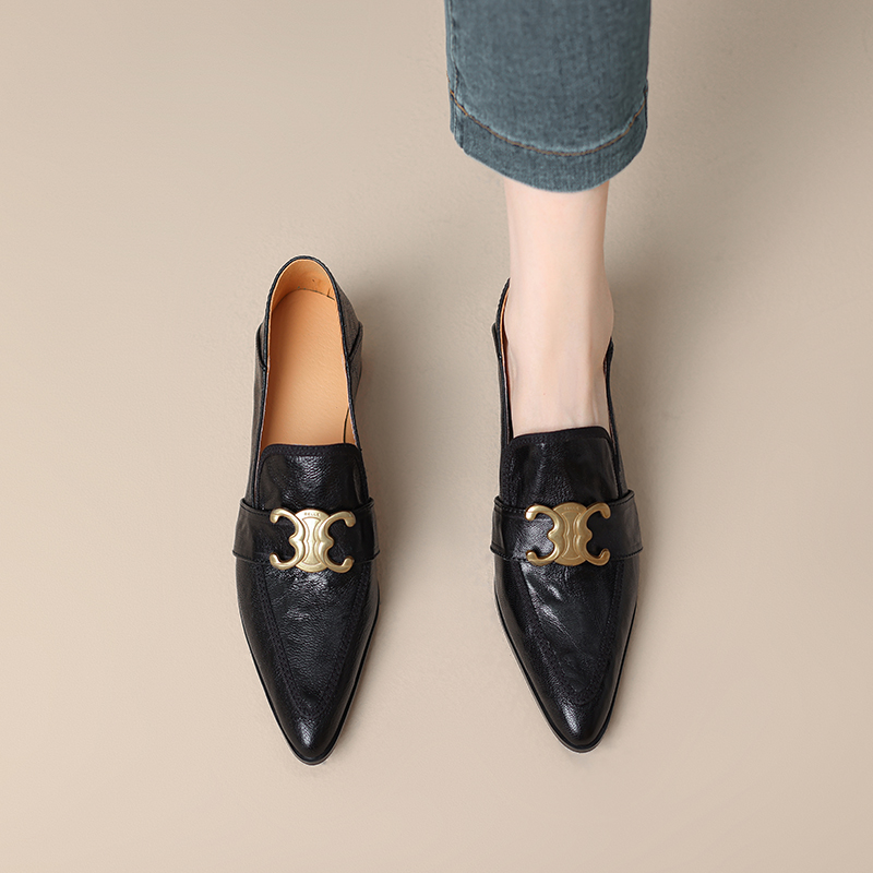 Vintage Leather Chunky Heel Loafers for Women with Gold Buckle - French Style Pointed Toe Mid-Heel Flats