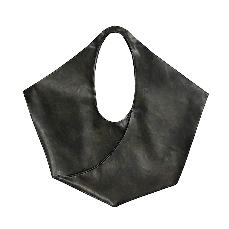 Vintage Leather Irregular Structure Zipper Tote Bag - Stylish Travel Bag with Unique Design for a Chic Look