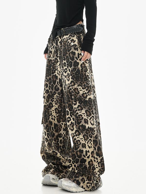 Vintage Leopard Print Straight Leg Jeans for Women - Early Autumn American Style Hip Hop Dance Pants Vintage Leopard Print Straight Leg Jeans for Women - Early Autumn American Style Hip Hop Dance Pants