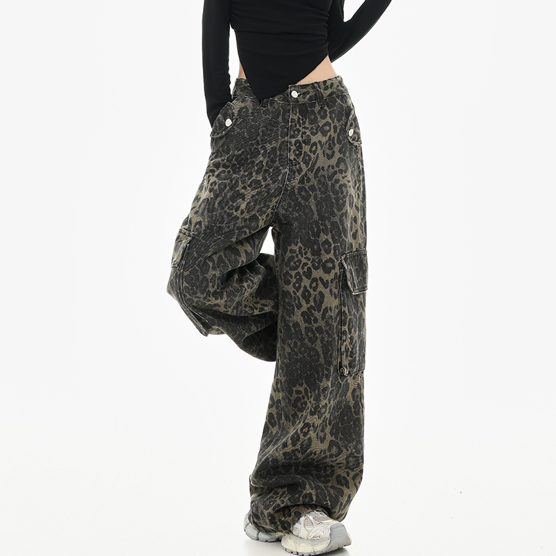 Vintage Leopard Print Straight Leg Jeans for Women - Early Autumn American Style Hip Hop Dance Pants Vintage Leopard Print Straight Leg Jeans for Women - Early Autumn American Style Hip Hop Dance Pants
