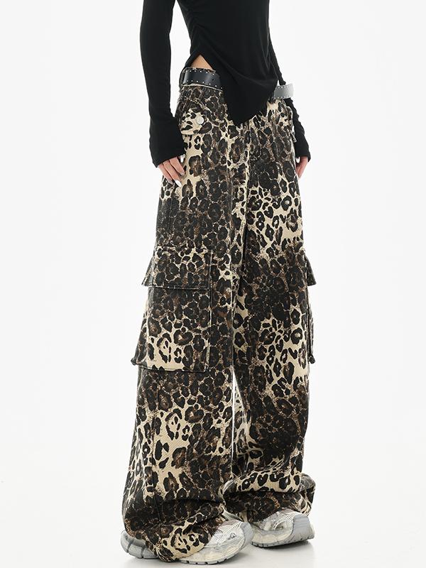 Vintage Leopard Print Straight Leg Jeans for Women - Early Autumn American Style Hip Hop Dance Pants