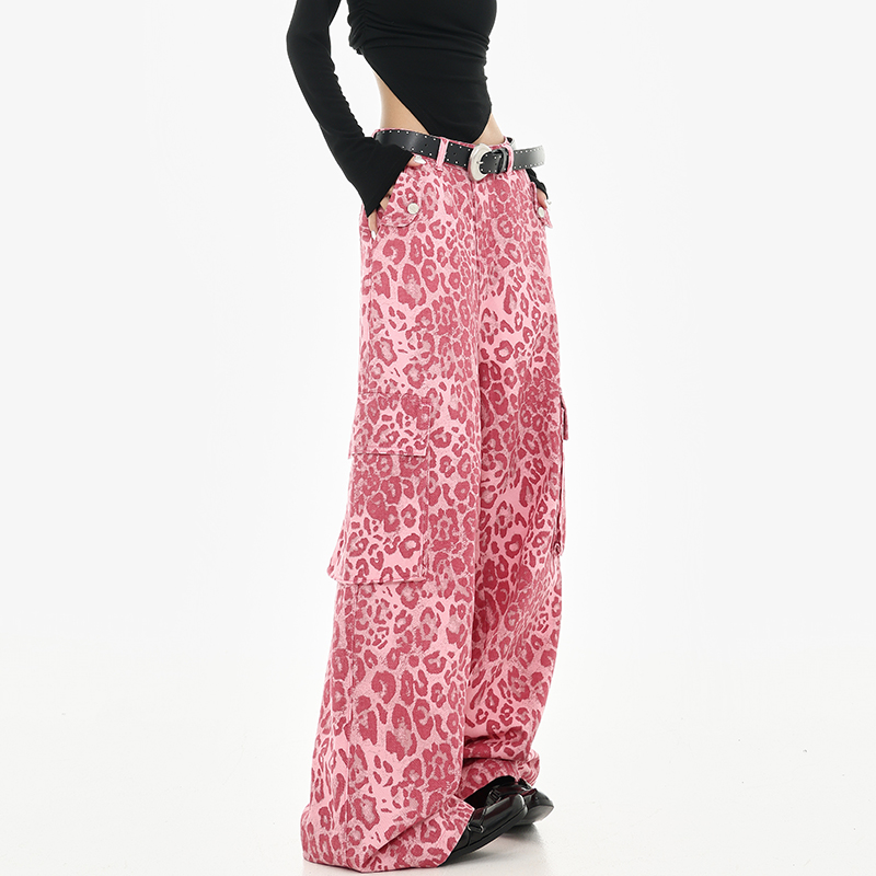 Vintage Leopard Print Straight Leg Jeans for Women - Early Autumn American Style Hip Hop Dance Pants Vintage Leopard Print Straight Leg Jeans for Women - Early Autumn American Style Hip Hop Dance Pants