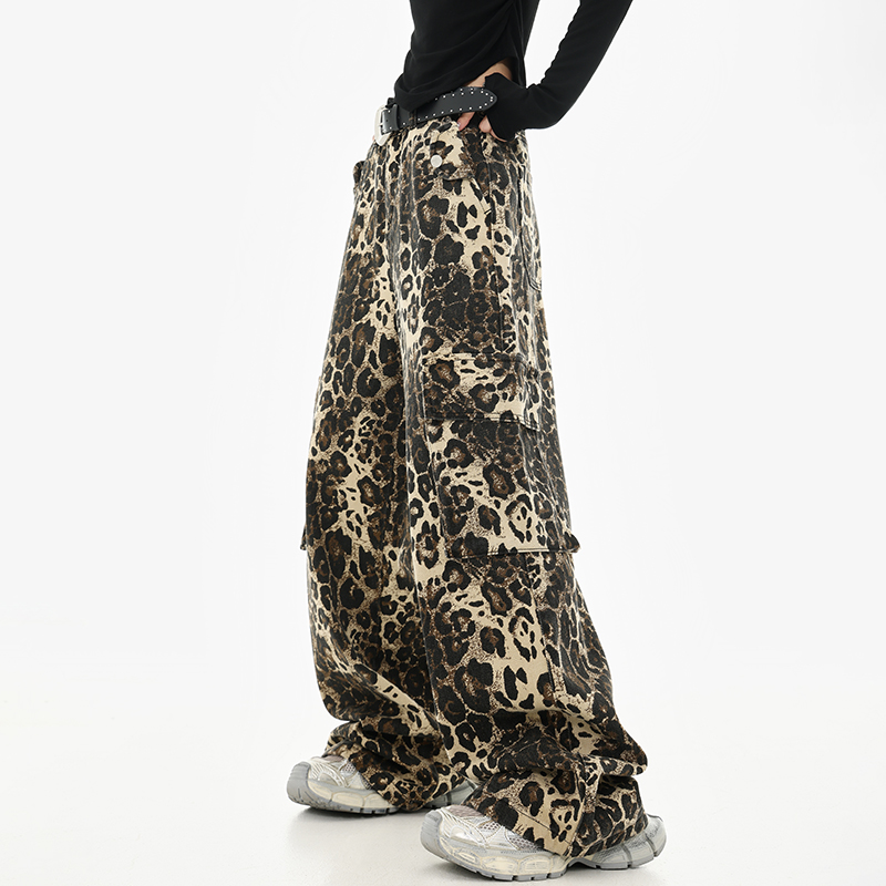 Vintage Leopard Print Straight Leg Jeans for Women - Early Autumn American Style Hip Hop Dance Pants