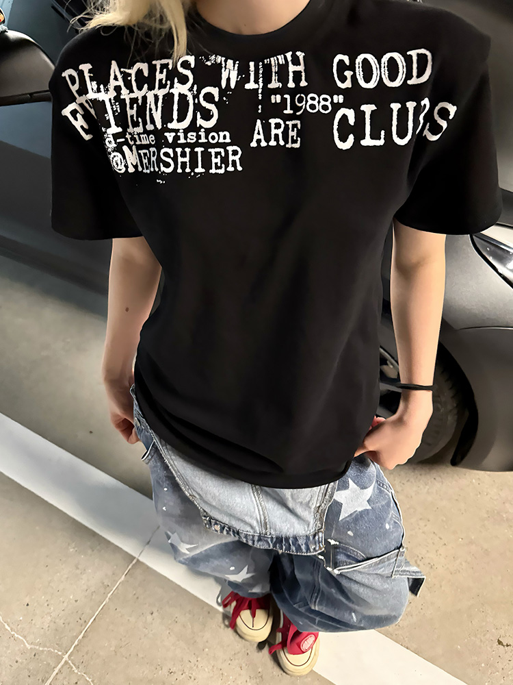 Vintage Letter Print Summer Loose Casual T-Shirt for Men and Women, Regular Shoulder Short Sleeve, Versatile 90s Style Top