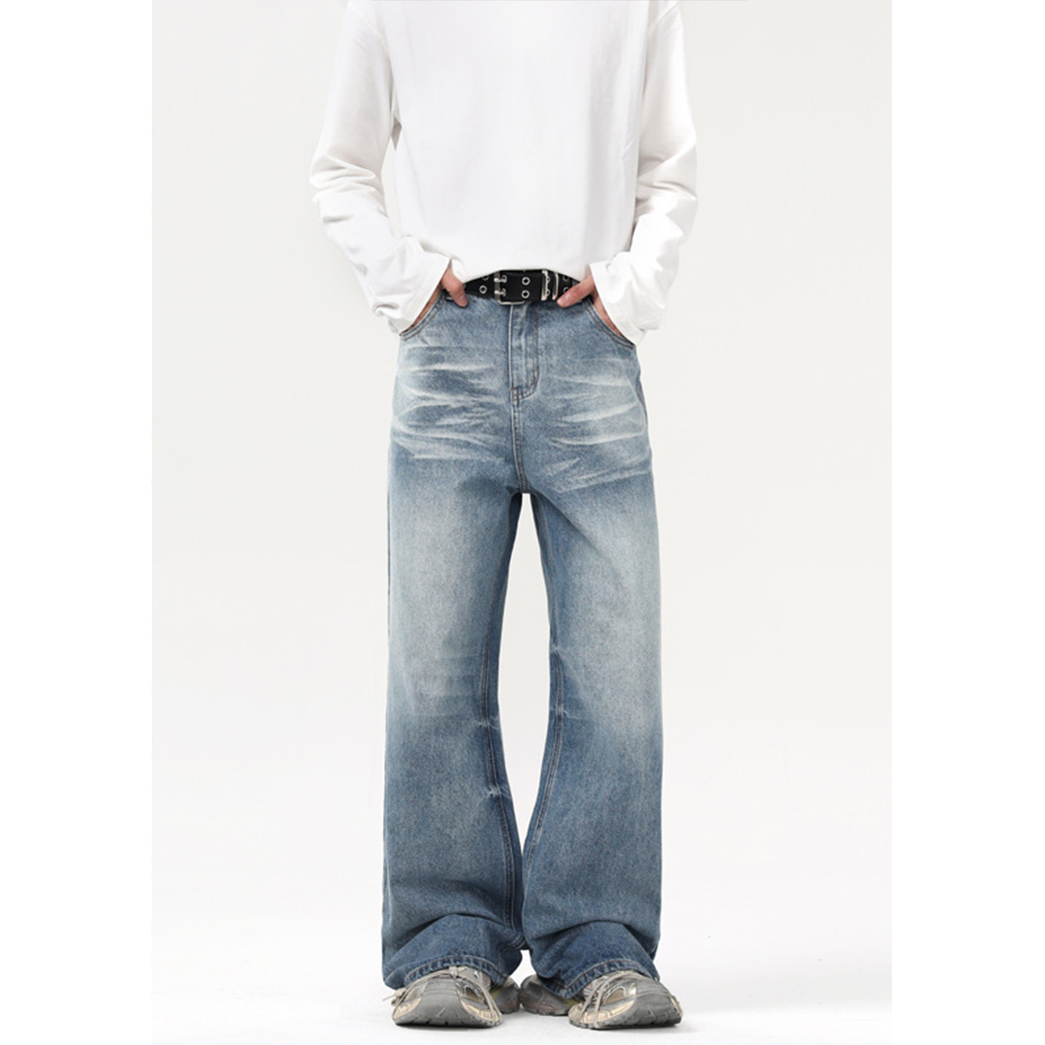 Vintage Light Blue Flared Jeans for Men and Women - Cleanfit Cat Whisker Loose Floor-Length Pants - Y2K 90s Style