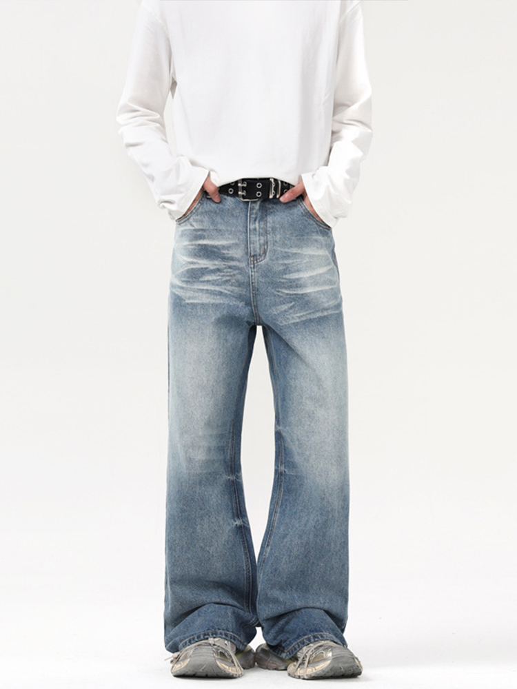 Vintage Light Blue Flared Jeans for Men and Women - Cleanfit Cat Whisker Loose Floor-Length Pants - Y2K 90s Style