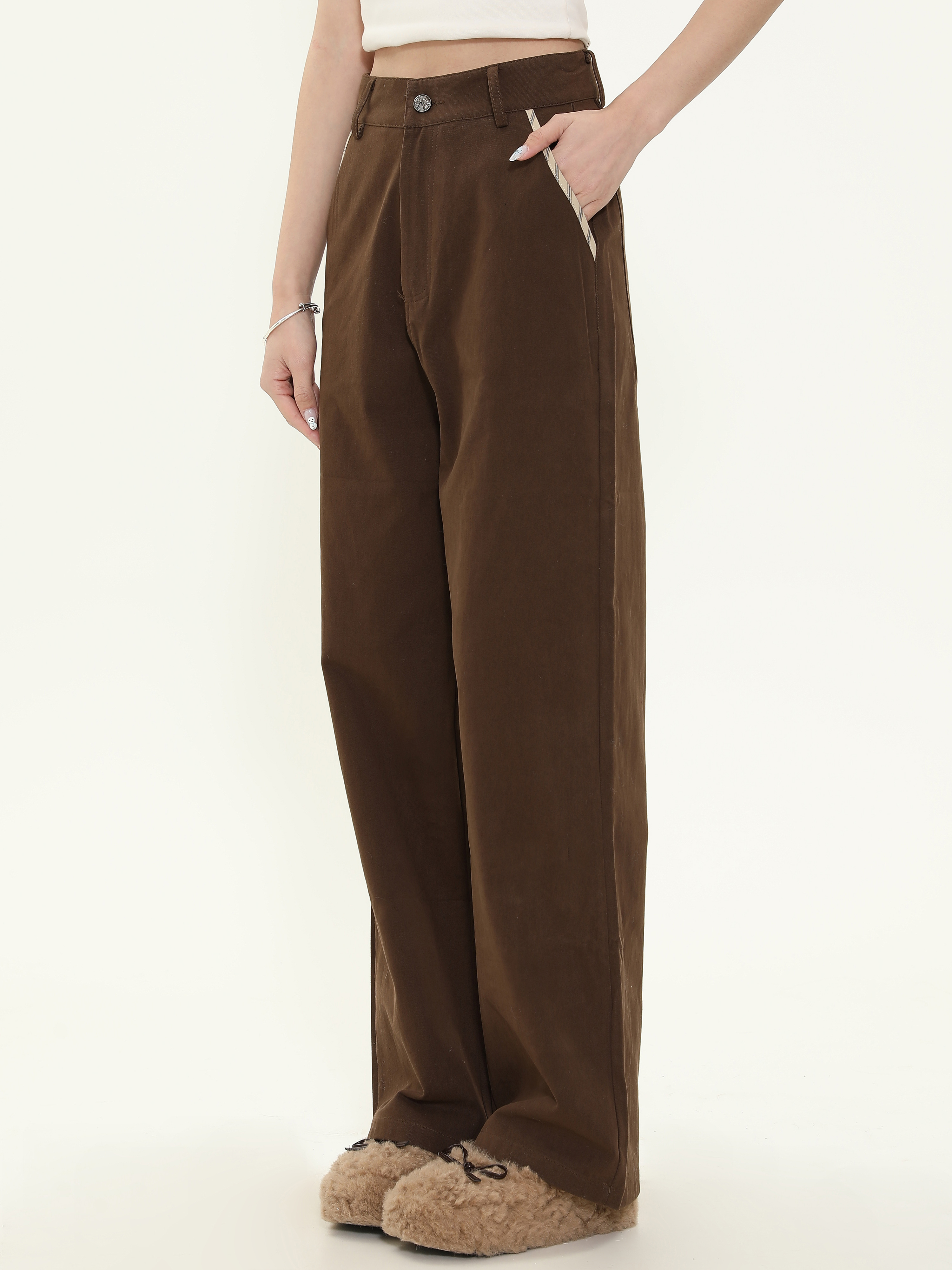 Vintage Maillard Bear Embroidery Loose Straight Leg Pants for Women, Casual Spring Autumn Versatile Fashion Trousers