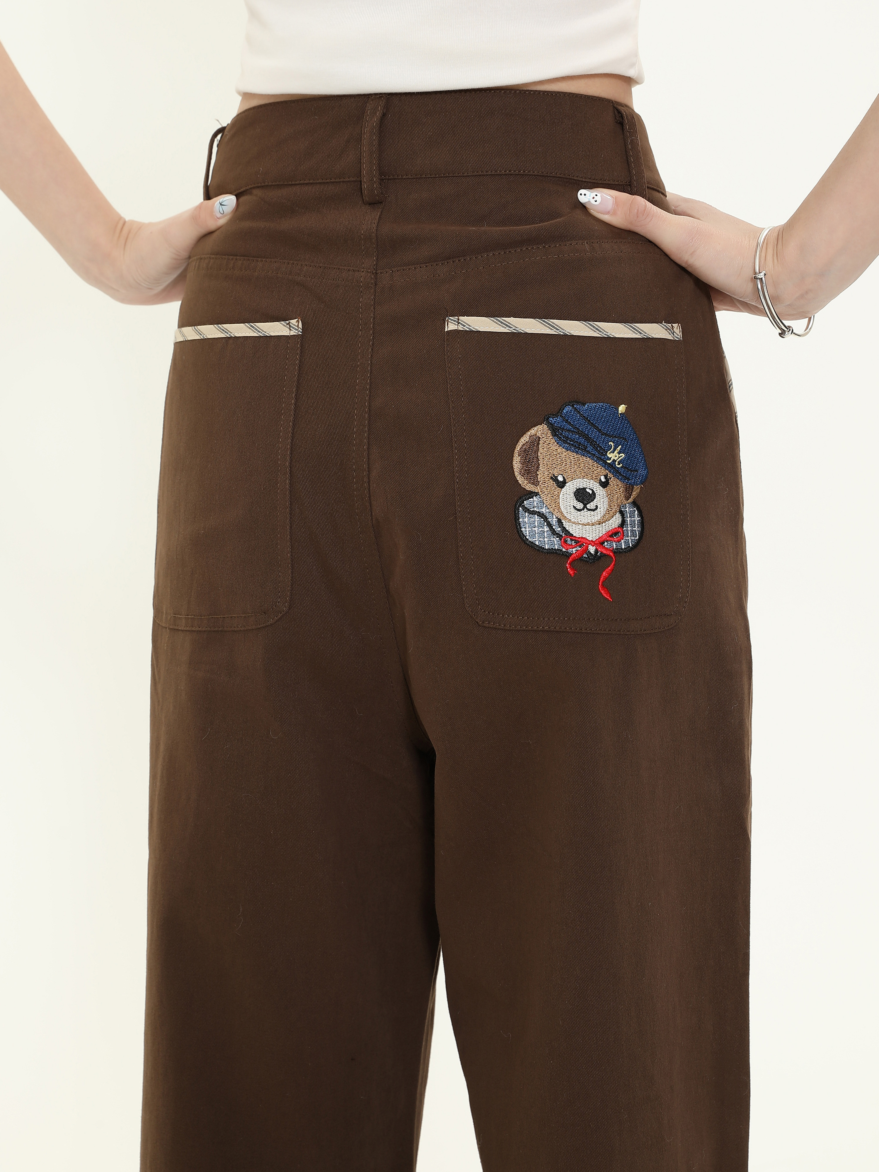 Vintage Maillard Bear Embroidery Loose Straight Leg Pants for Women, Casual Spring Autumn Versatile Fashion Trousers Vintage Maillard Bear Embroidery Loose Straight Leg Pants for Women, Casual Spring Autumn Versatile Fashion Trousers