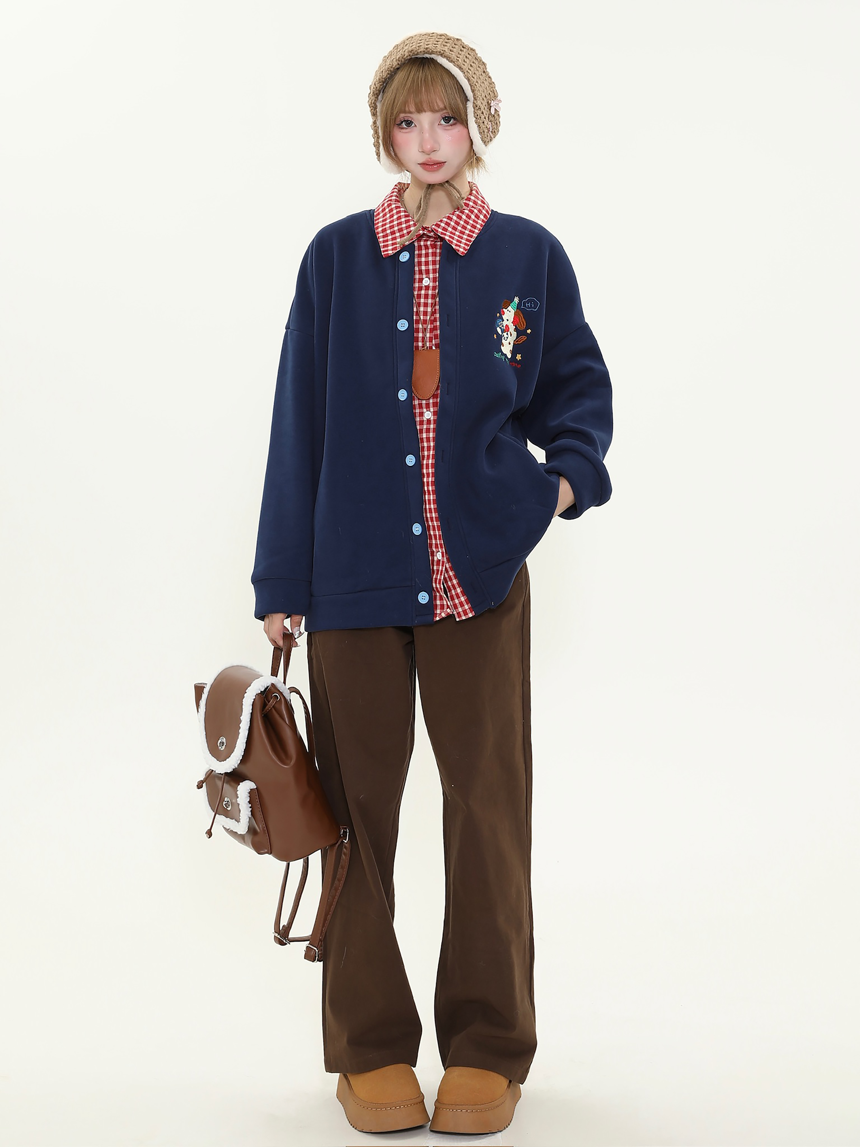 Vintage Maillard Bear Embroidery Loose Straight Leg Pants for Women, Casual Spring Autumn Versatile Fashion Trousers Vintage Maillard Bear Embroidery Loose Straight Leg Pants for Women, Casual Spring Autumn Versatile Fashion Trousers