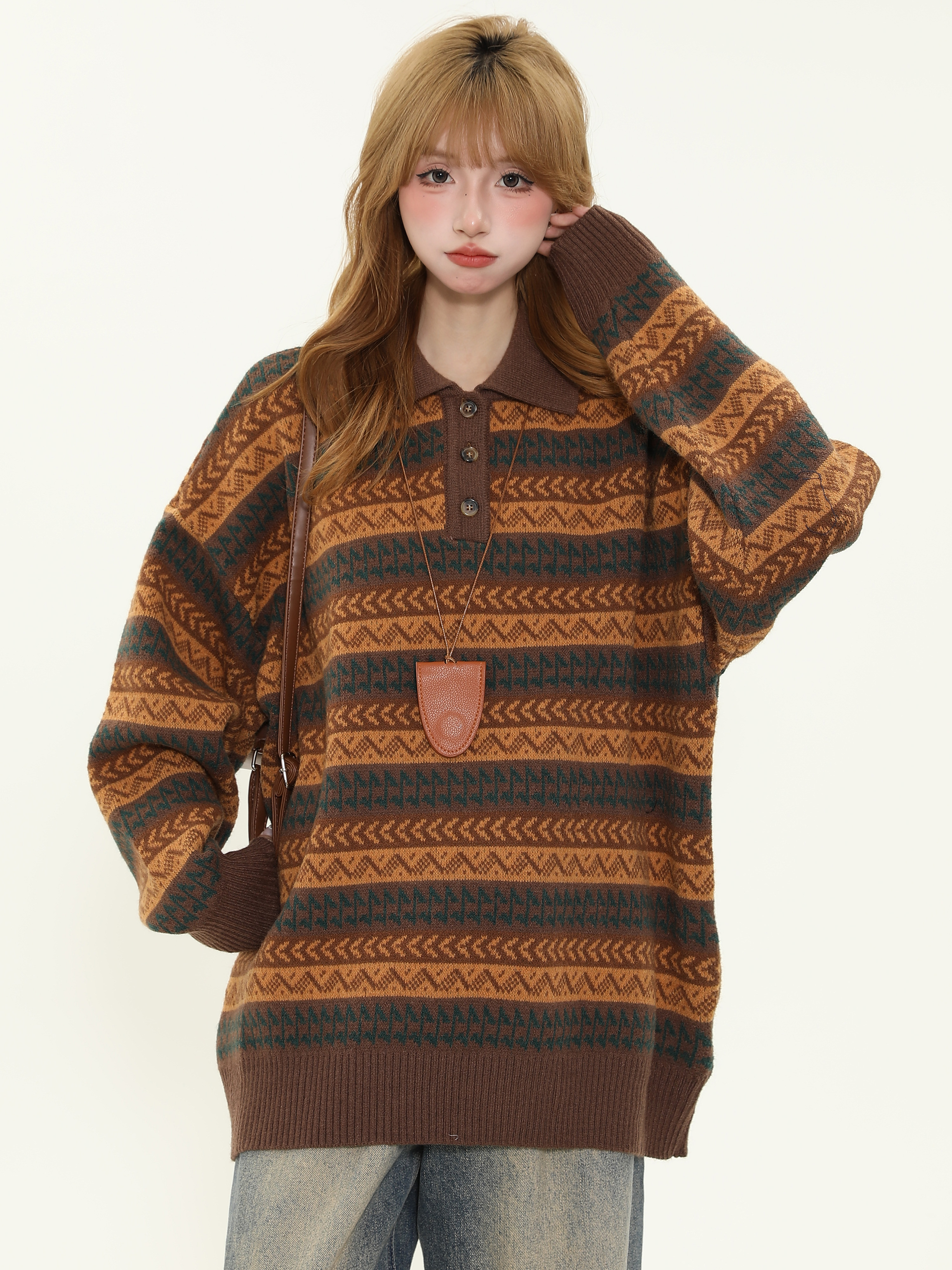 Vintage Melange Striped Sweater for Men and Women, Loose Polo Neck Knitwear, Coffee Color, Y2K Style for Spring and Autumn