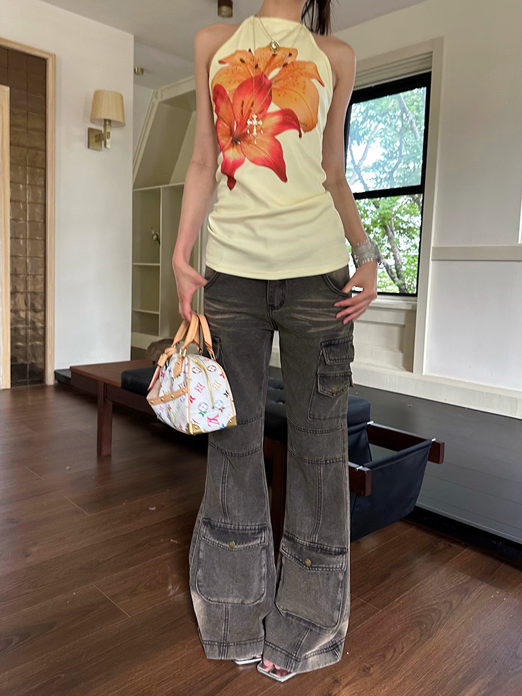 Vintage Multi-Pocket Heavyweight Distressed Flared Jeans - Retro 90s Style Flared Pants for a Trendy Look