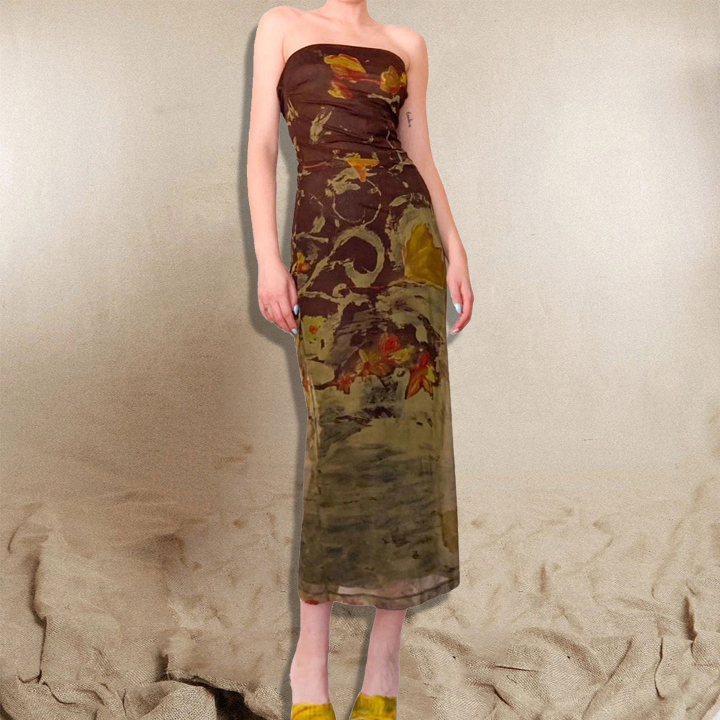 Vintage Oil Painting Style Printed Dress - Strapless Slim Fit Mid-Length Dress for Versatile Style - Perfect for Y2K and Retro Fashion Vintage Oil Painting Style Printed Dress - Strapless Slim Fit Mid-Length Dress for Versatile Style - Perfect for Y2K and Retro Fashion