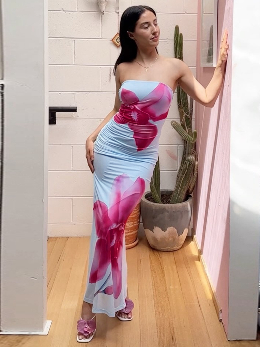 Vintage One-Shoulder Strapless Dress, Breathable Mesh, Elastic Pleated High Waist, Fitted Long Skirt, Y2K Style, Summer Fashion