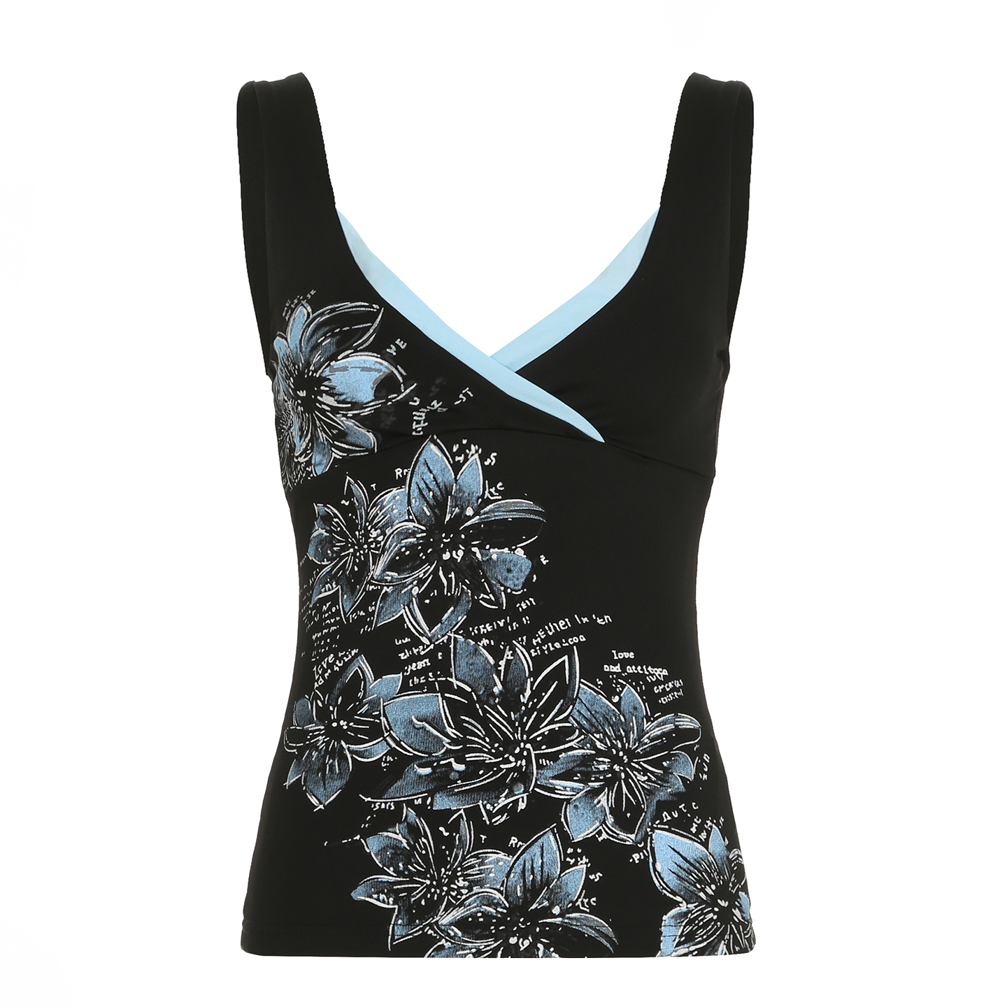 Vintage Orchid Grass Plant Print Color-Block V-Neck Slim Fit Distressed Top - Versatile Y2K Style Fashion Essential
