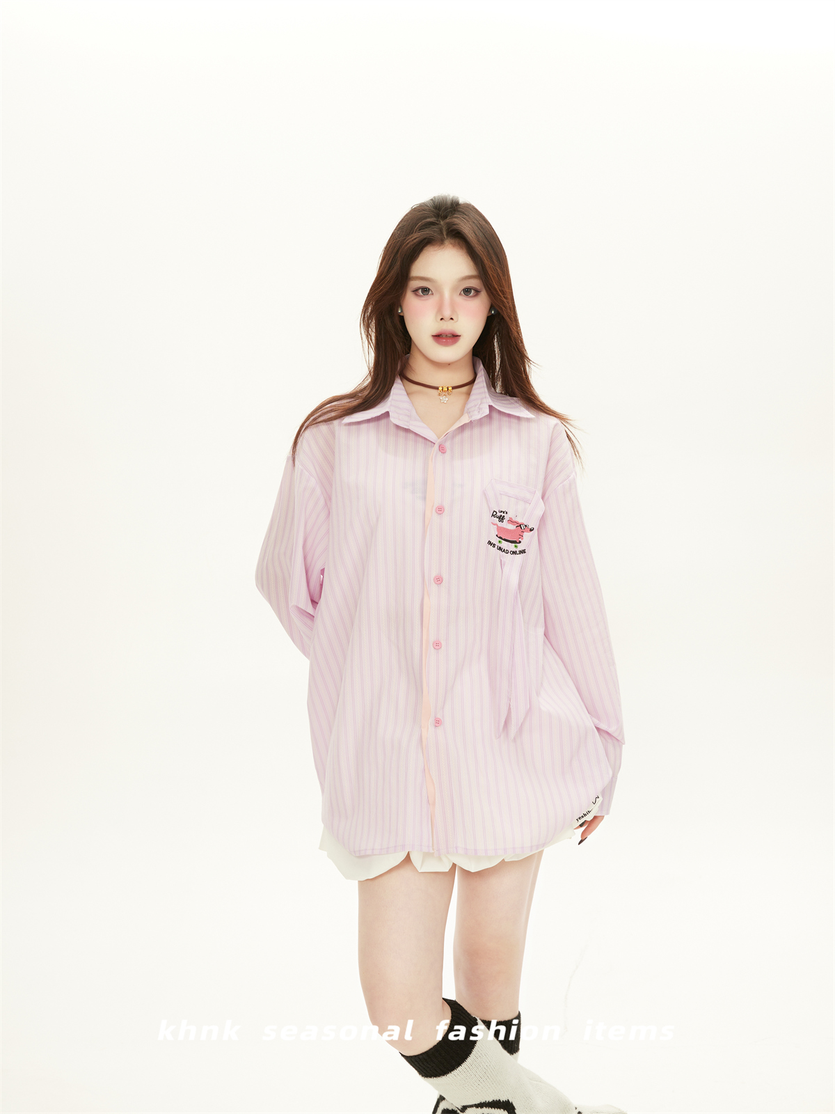 Vintage Pink Vertical Striped Long Sleeve Sun Protection Shirt for Women with Cute Dog Embroidery â€“ Loose Fit Jacket for Spring and Summer