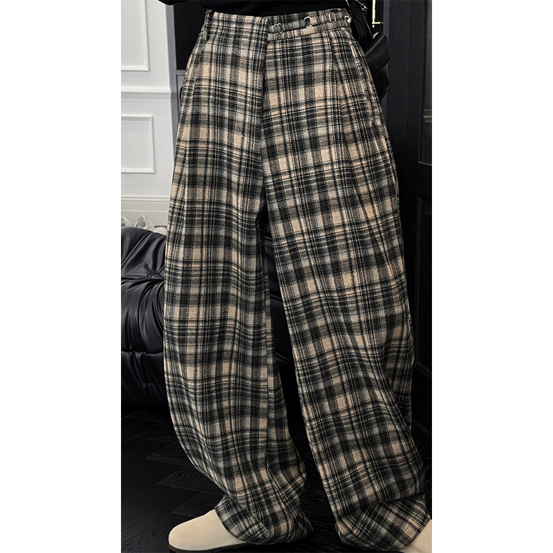 Vintage Plaid Casual Pants for Men - 2025 Autumn Winter Thick Loose Straight Wide-Leg Trousers, Versatile Y2K Style