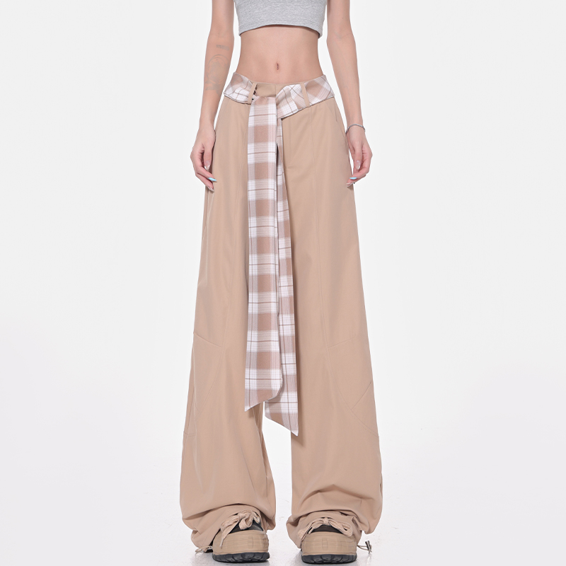 Vintage Plaid Lace-Up High-Waisted Wide-Leg Casual Pants for Women - Summer Quick-Dry Straight Leg Trousers