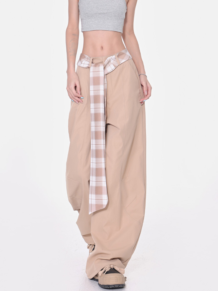 Vintage Plaid Lace-Up High-Waisted Wide-Leg Casual Pants for Women - Summer Quick-Dry Straight Leg Trousers Vintage Plaid Lace-Up High-Waisted Wide-Leg Casual Pants for Women - Summer Quick-Dry Straight Leg Trousers
