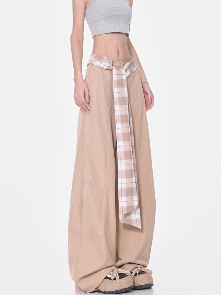 Vintage Plaid Lace-Up High-Waisted Wide-Leg Casual Pants for Women - Summer Quick-Dry Straight Leg Trousers