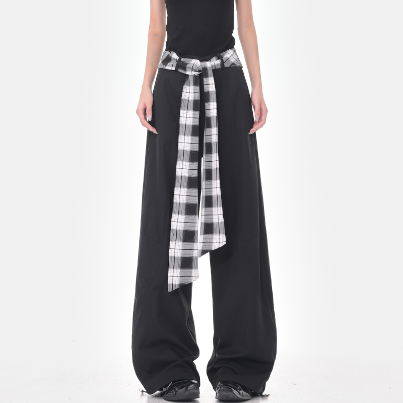Vintage Plaid Lace-Up High-Waisted Wide-Leg Casual Pants for Women - Summer Quick-Dry Straight Leg Trousers Vintage Plaid Lace-Up High-Waisted Wide-Leg Casual Pants for Women - Summer Quick-Dry Straight Leg Trousers