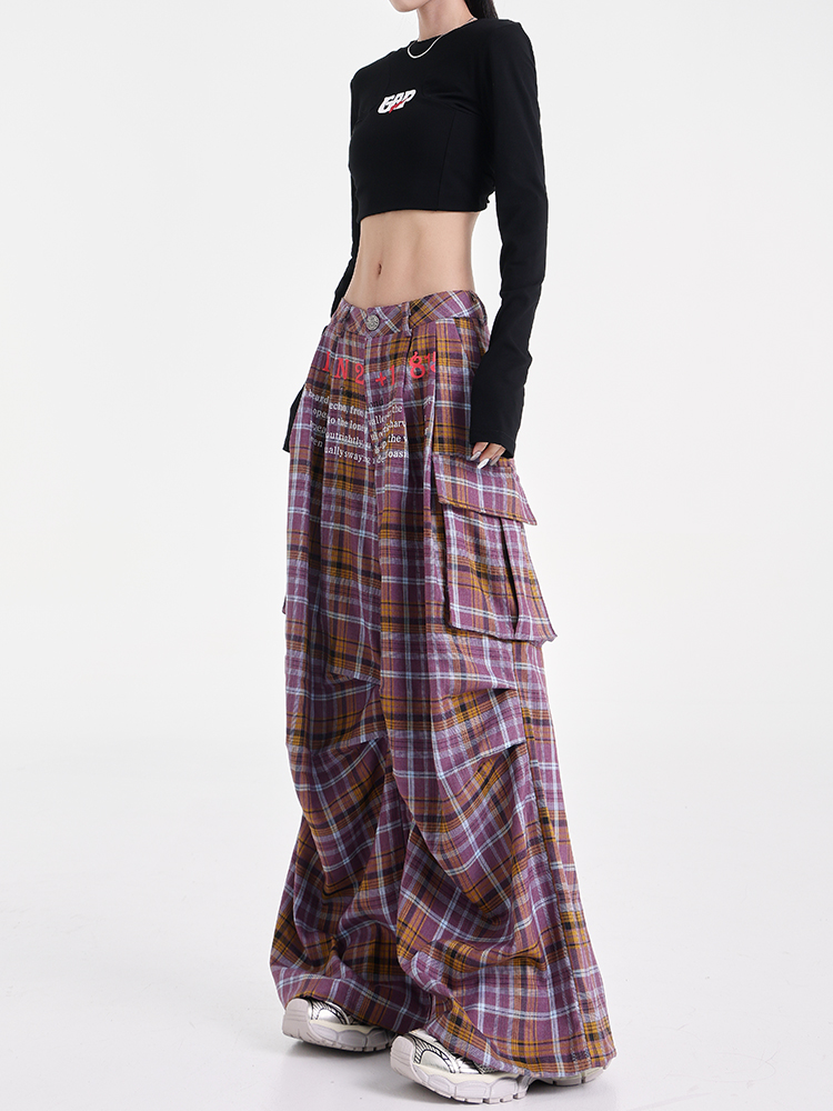 Vintage Plaid Wide-Leg Floor-Length Casual Pants with Color Block Design - Early Autumn 90s American Style Work Pants