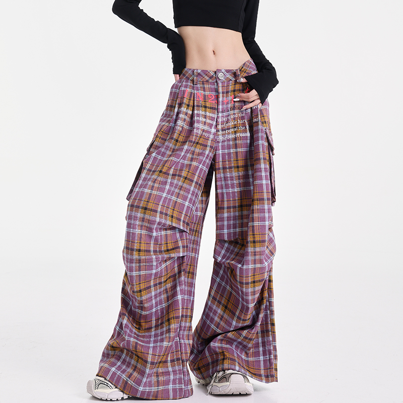 Vintage Plaid Wide-Leg Floor-Length Casual Pants with Color Block Design - Early Autumn 90s American Style Work Pants