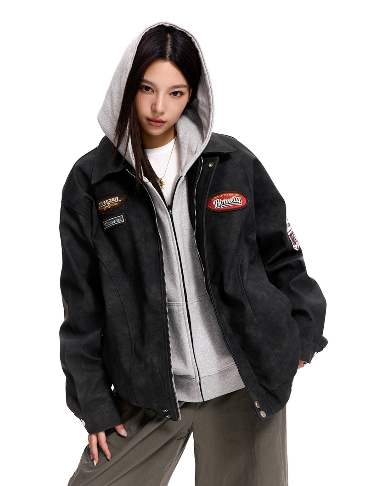 Vintage PU Leather Biker Jacket for Men and Women, Loose Fit Trendy Flight Jacket, Retro 90s Style Vintage PU Leather Biker Jacket for Men and Women, Loose Fit Trendy Flight Jacket, Retro 90s Style