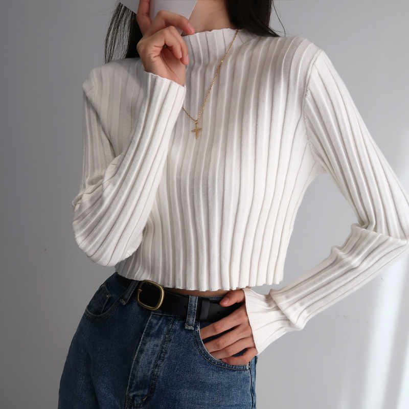 Vintage Stand Collar Long Sleeve Sweater - Autumn Winter Solid Color Stretchy Slim Fit Half High Neck Knit Top for Casual Style
