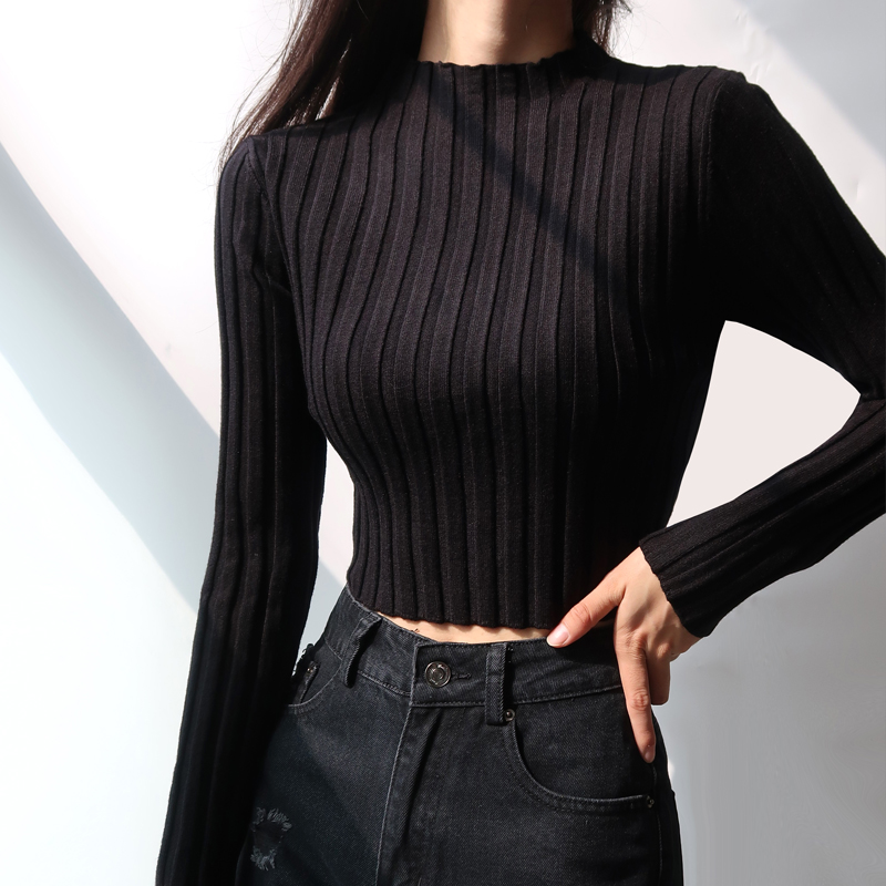 Vintage Stand Collar Long Sleeve Sweater - Autumn Winter Solid Color Stretchy Slim Fit Half High Neck Knit Top for Casual Style