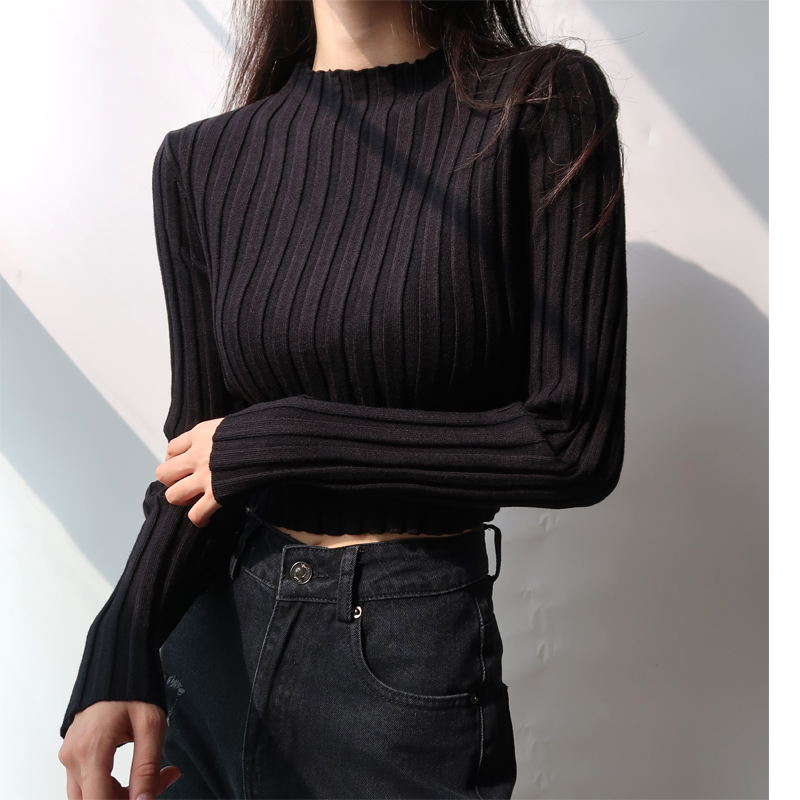 Vintage Stand Collar Long Sleeve Sweater - Autumn Winter Solid Color Stretchy Slim Fit Half High Neck Knit Top for Casual Style