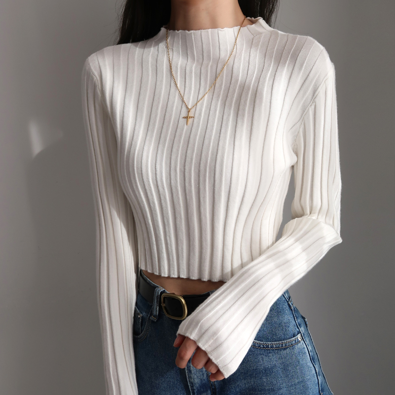 Vintage Stand Collar Long Sleeve Sweater - Autumn Winter Solid Color Stretchy Slim Fit Half High Neck Knit Top for Casual Style