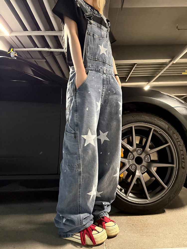 Vintage Star Print Denim Overalls for Men and Women - Summer Loose Straight Wide-Leg Jumpsuit, 90s Inspired Fashion Vintage Star Print Denim Overalls for Men and Women - Summer Loose Straight Wide-Leg Jumpsuit, 90s Inspired Fashion