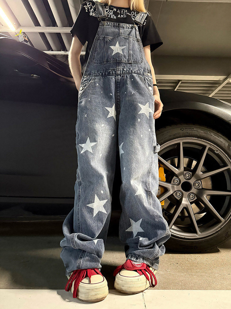 Vintage Star Print Denim Overalls for Men and Women - Summer Loose Straight Wide-Leg Jumpsuit, 90s Inspired Fashion