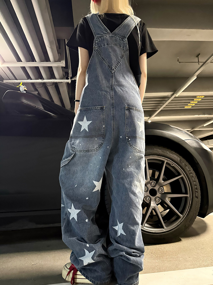 Vintage Star Print Denim Overalls for Men and Women - Summer Loose Straight Wide-Leg Jumpsuit, 90s Inspired Fashion