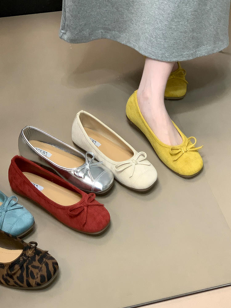Vintage-Style Suede Ballet Flats for Women, Shallow Mouth Loafers with Bow, 2025 Fashion, Comfortable Everyday Shoes