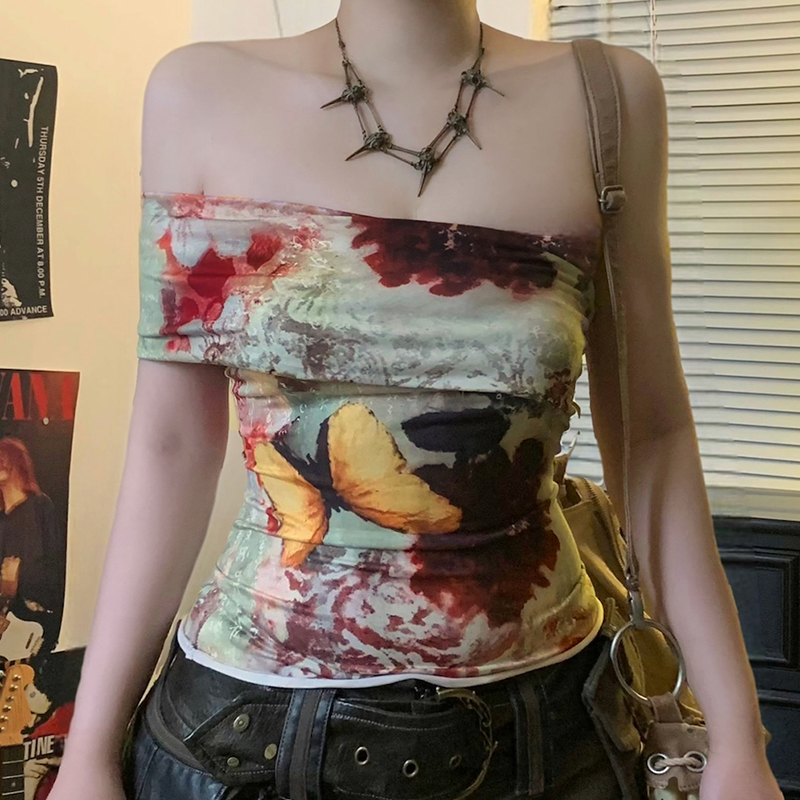 Vintage Tie-Dye Floral Print Off-Shoulder T-Shirt - Versatile Slim Fit Sexy Shoulder-Baring Top for Y2K and Boho Style