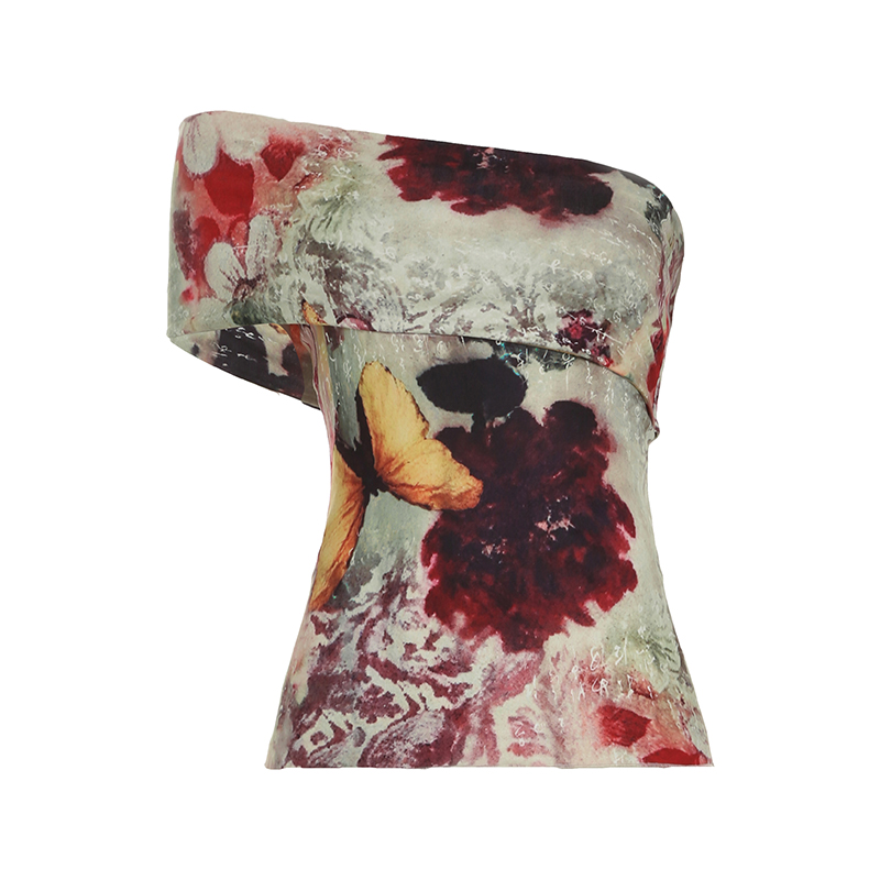 Vintage Tie-Dye Floral Print Off-Shoulder T-Shirt - Versatile Slim Fit Sexy Shoulder-Baring Top for Y2K and Boho Style