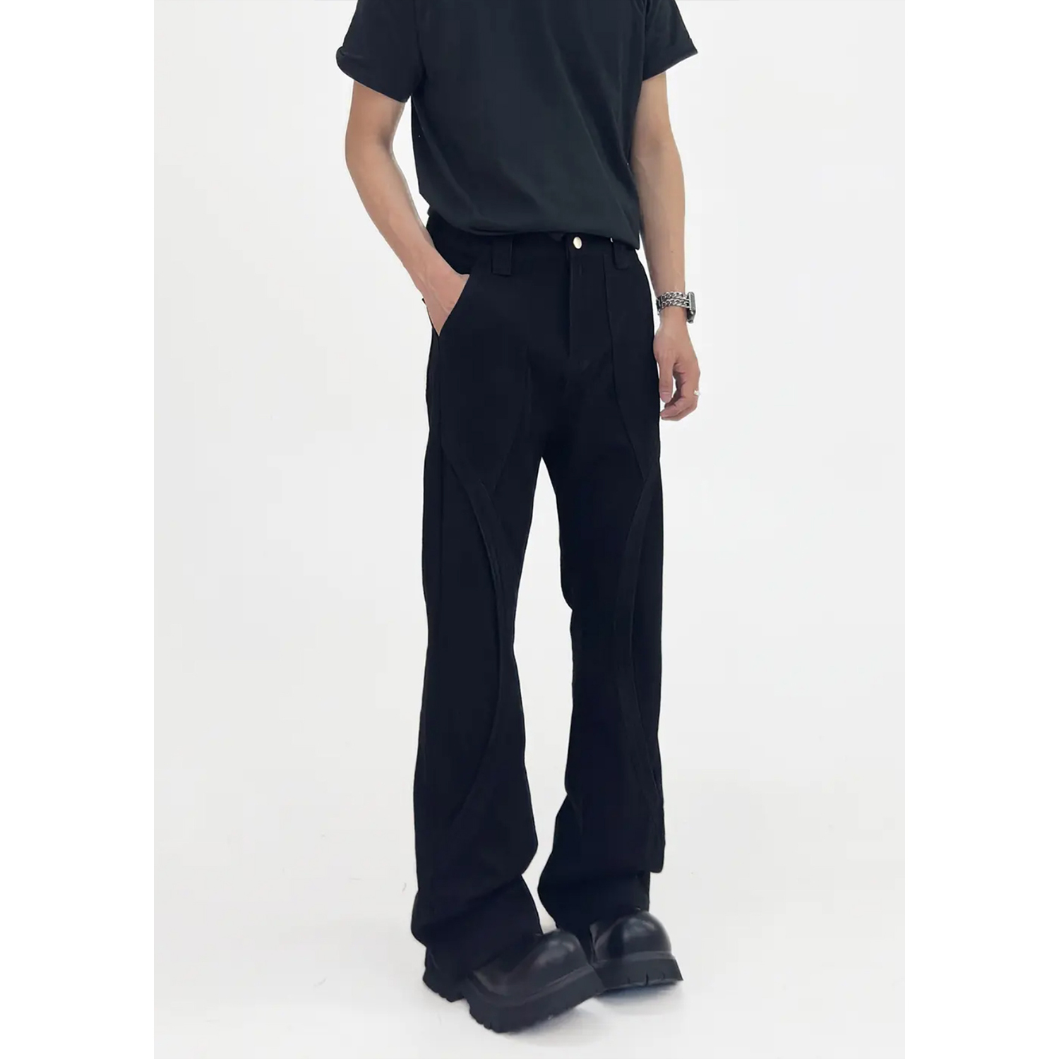 Vintage Vibe Black Micro Flare Jeans for Men, Deconstructed Slim Fit Long Pants, Trendy 90s Style