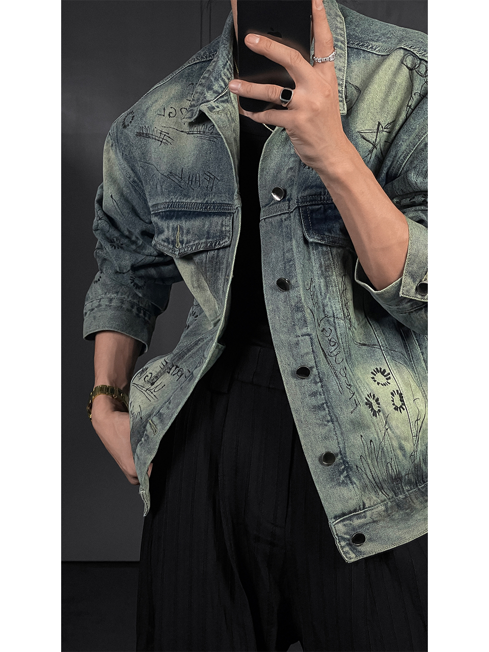 Vintage Wash Graffiti Denim Jacket - Long Sleeve Casual American Style for Early Autumn 2024