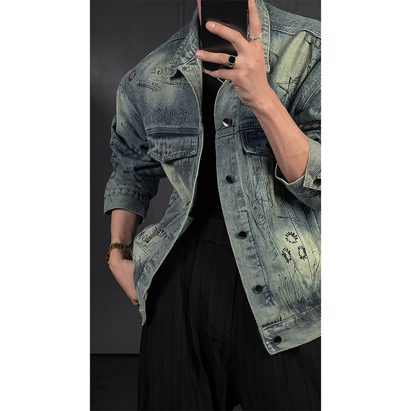 Vintage Wash Graffiti Denim Jacket - Long Sleeve Casual American Style for Early Autumn 2024