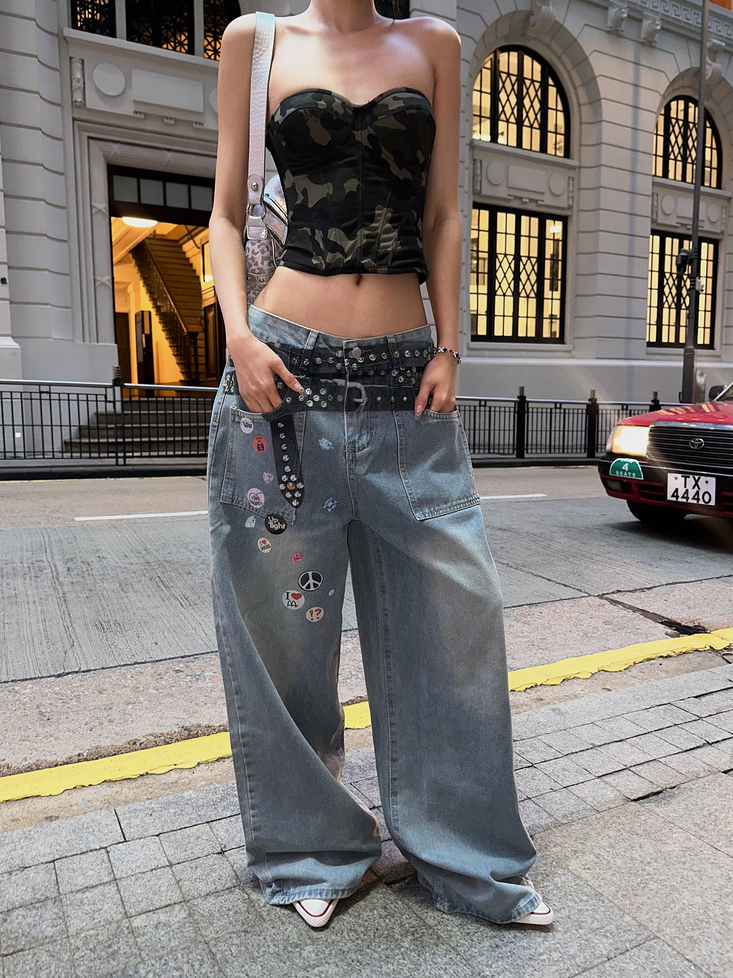 Vintage Wash Wide-Leg Belted Printed Straight-Leg Jeans - Versatile Street Style Fashion
