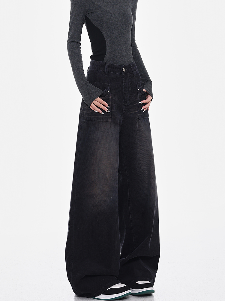 Vintage Washed Black Corduroy Wide-Leg Jeans for Women - High Waist Loose Floor-Length Pants - Autumn Winter Fashion