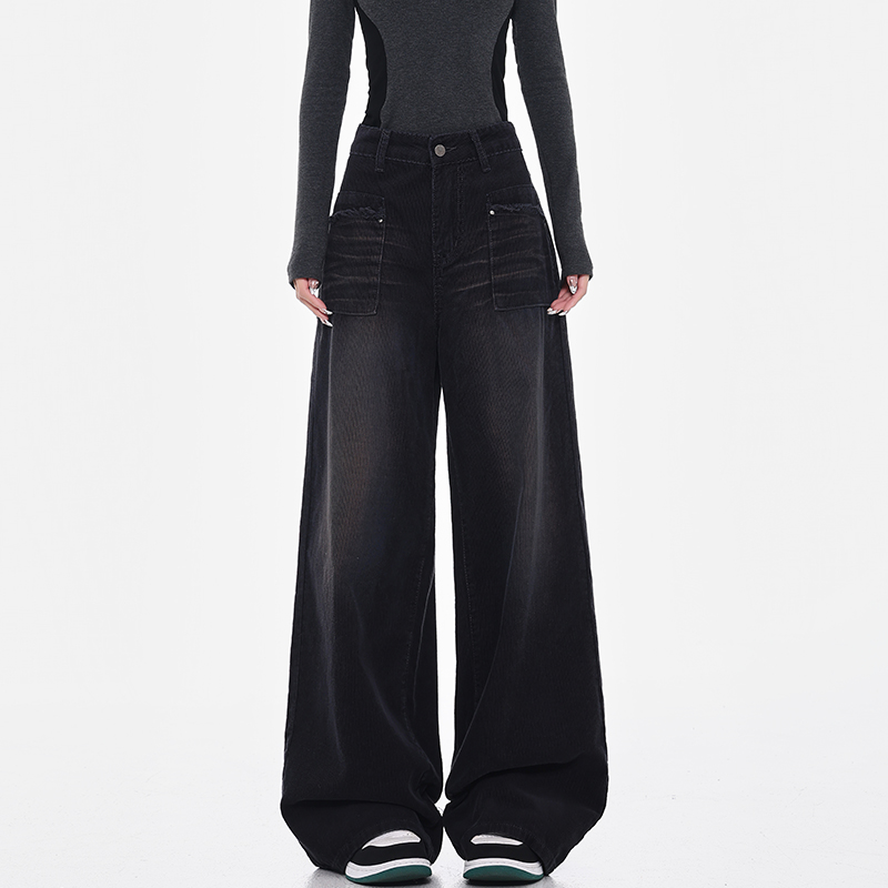 Vintage Washed Black Corduroy Wide-Leg Jeans for Women - High Waist Loose Floor-Length Pants - Autumn Winter Fashion