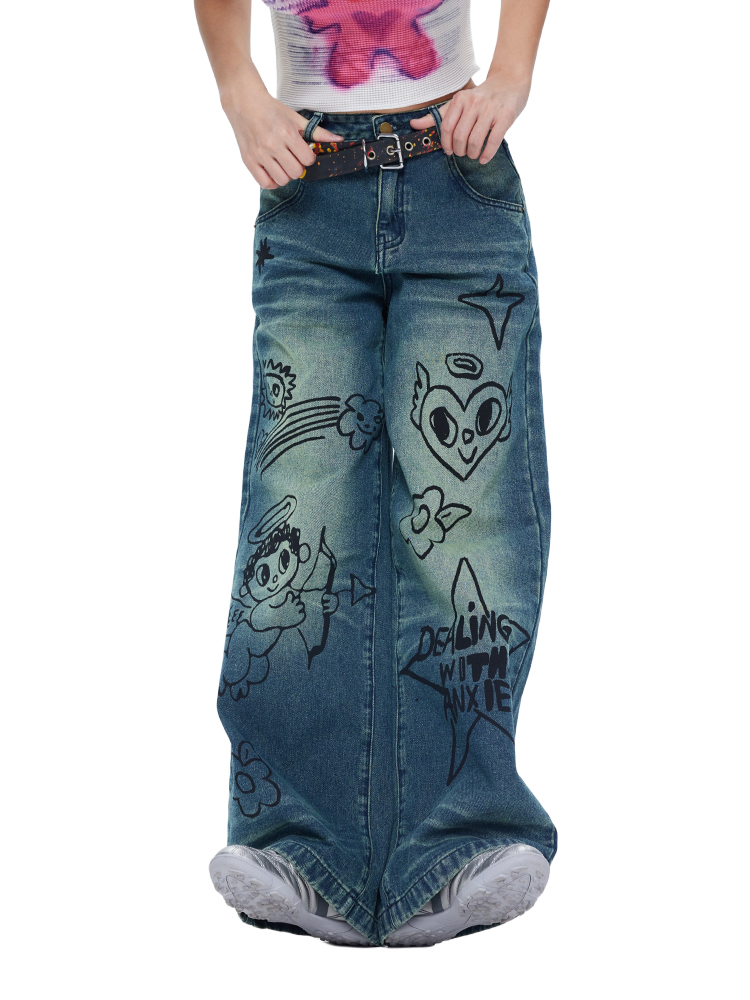 Vintage Washed Blue Denim Wide-Leg Jeans with Graffiti Print - Loose Fit, 90s Style, Fashionable Streetwear Vintage Washed Blue Denim Wide-Leg Jeans with Graffiti Print - Loose Fit, 90s Style, Fashionable Streetwear