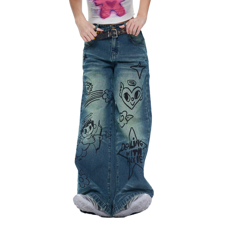 Vintage Washed Blue Denim Wide-Leg Jeans with Graffiti Print - Loose Fit, 90s Style, Fashionable Streetwear