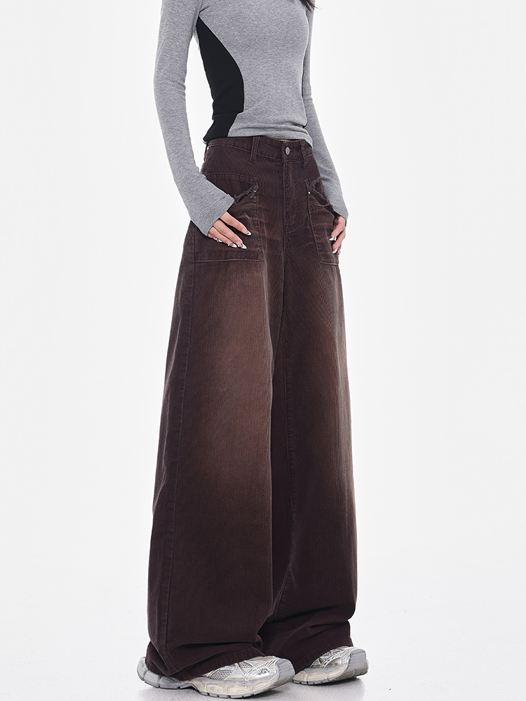 Vintage Washed Coffee Color High Waist Loose Wide Leg Corduroy Jeans for Women - Straight Leg Autumn Winter Fashion