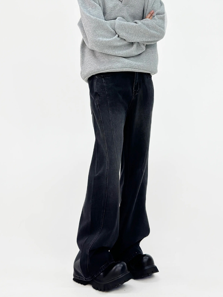 Vintage Washed Denim Pants for Men - Mid-Rise, Slimming, Slightly Flared, Casual Loose Fit, American Style, 90s Inspired Fashion.